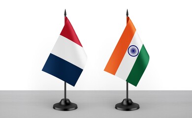 Image of the table flag of France and India countries. White background. Close-up flags. High...