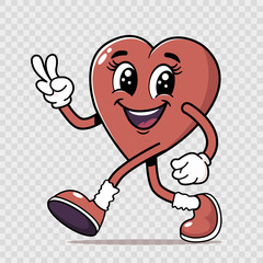 Groovy heart cute cartoon character in retro style with peace gesture. Valentine's day mascot with face, arms, legs. Romantic vector concept on transparent background retro heart Hippie 60s and 70s