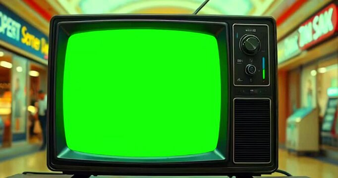 A retro vintage  green screen television displays tv a glitch effect while zooming out against a nostalgic backdrop with a rendered in 4K quality.