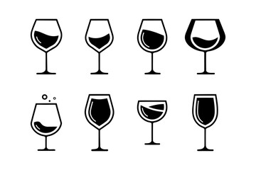 Set Of Vector Icons Of Wineglasses And Glasses Of Different Shapes With Liquid Inside Isolated On White Background
