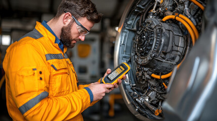 Engineer using diagnostic device on aircraft engine, focused and attentive. bright orange workwear contrasts with metallic engine components, showcasing professional environment