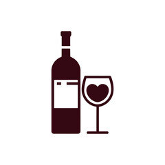 Wine Bottle With Wine Glass Vector Icon Silhouette. Alcohol Symbol.