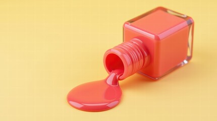Bottle of cherry color nail polish opened and spilling over a pastel yellow background