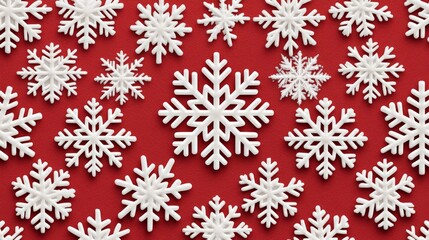 A vibrant arrangement of white snowflakes scattered over a red background, creating a festive and wintery atmosphere.