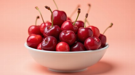 A bowl of cherries with cherries scattered around it on a pastel peach background