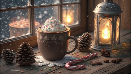 Cozy winter vibes with hot chocolate and festive decorations on a rustic table
