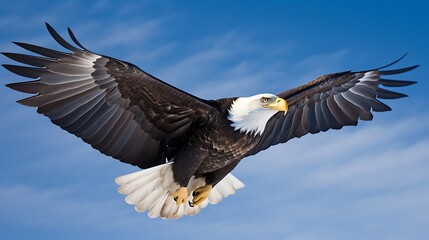 Fototapeta premium Majestic Bald Eagle Soaring Through A Clear Blue Sky