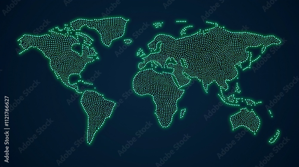 Poster a digital map of the world created with green dots on a dark background, representing global connect