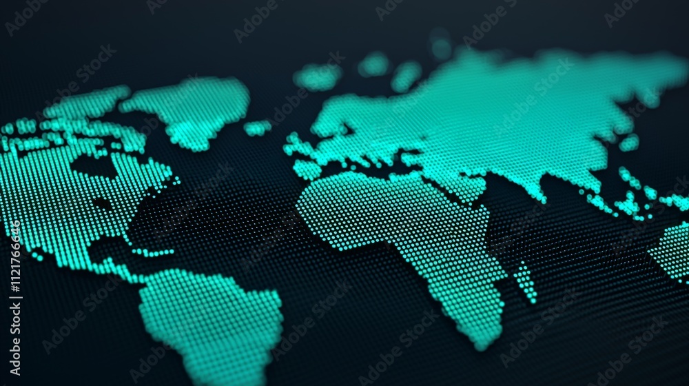Poster a digital map of the world depicted in a teal color scheme against a dark background, showcasing glo