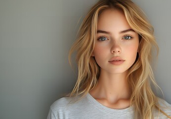 Fototapeta premium Stunning Portrait of a Young Woman with Blonde Hair and Blue Eyes Against a Gray Background