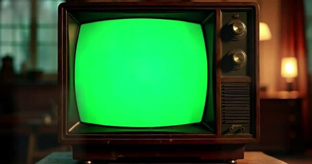 A retro vintage green screen tv displays a glitch effect while zooming out against a nostalgic backdrop television rendered in 4K quality.