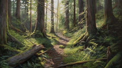 Obraz premium Sunlit Path Through a Mossy Old Growth Forest