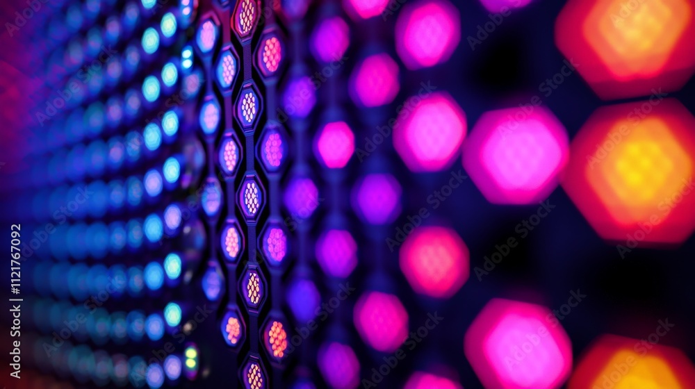 Poster a vibrant display of hexagonal lights in purple, blue, and pink hues, creating a mesmerizing pattern