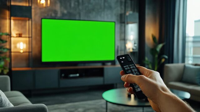 Person watch modern tv with green screen pov. Cozy living room with large television displaying chroma key mock up. Man hand holds remote control. Home entertainment. First point of view. Empty mockup
