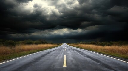 Naklejka premium Travel themed image showing an empty road with dark storm clouds overhead
