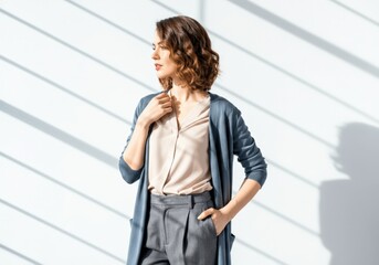 Fototapeta premium Stylish Woman in Blue Cardigan and Grey Trousers