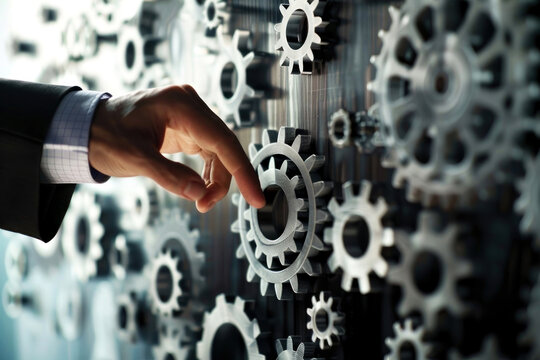 Exploring the intricate world of mechanical gears, a hand reaches out to adjust precision