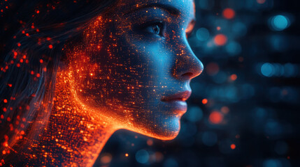 futuristic woman with glowing digital patterns on her face
