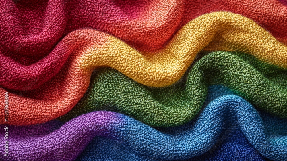 Poster a vibrant, textured fabric displaying a rainbow of colors, showcasing intricate waves and patterns i