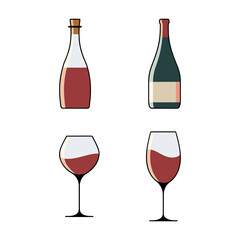 Flat Color Wine Bottle And Glass Icon.  Wine Bottle Glass Vector Icon Isolated On White Background