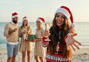 Obraz premium Group of friends celebrating new year's eve at the beach holding gifts and wearing santa hats, smiling lady holds her hand out inviting you to join them while holding a champagne flute glass