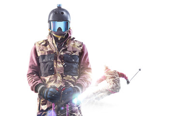 Fototapeta premium Ski poster concept. Portrait of a skier in the mountains. In the background, a skier in a suit is descending the mountain slope at maximum speed in a snowstorm. Isolated