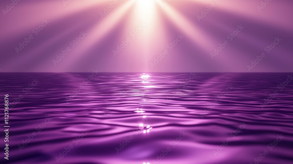 Poster a serene purple ocean scene with rays of light shining down, creating a tranquil and mystical atmosp
