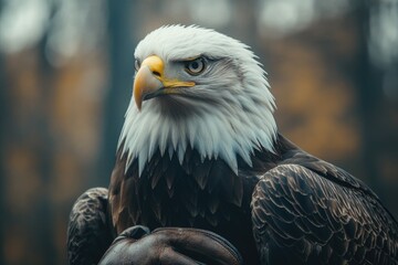 Obraz premium Majestic bald eagle perched on falconer's glove, gazing with intensity