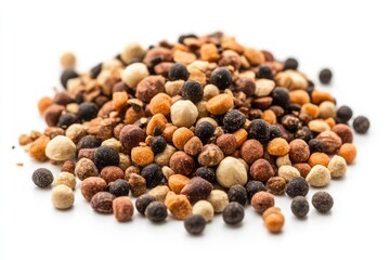 Colorful coated chickpea seeds forming a small mound on white background