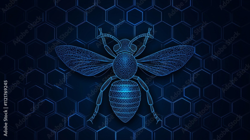 Poster a digital illustration of a bee with a glowing blue outline, set against a dark hexagonal background