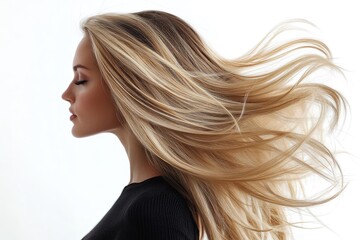 Obraz premium Beautiful blonde woman showing her healthy long hair flowing in the wind
