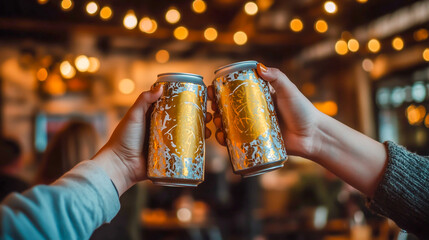 Two individuals raise two cans of beer, one featuring a gold design, in a celebratory toast