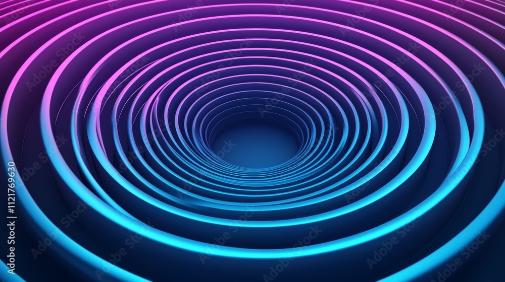 Poster a visually striking image featuring concentric circles in vibrant pink and blue hues, creating a sen