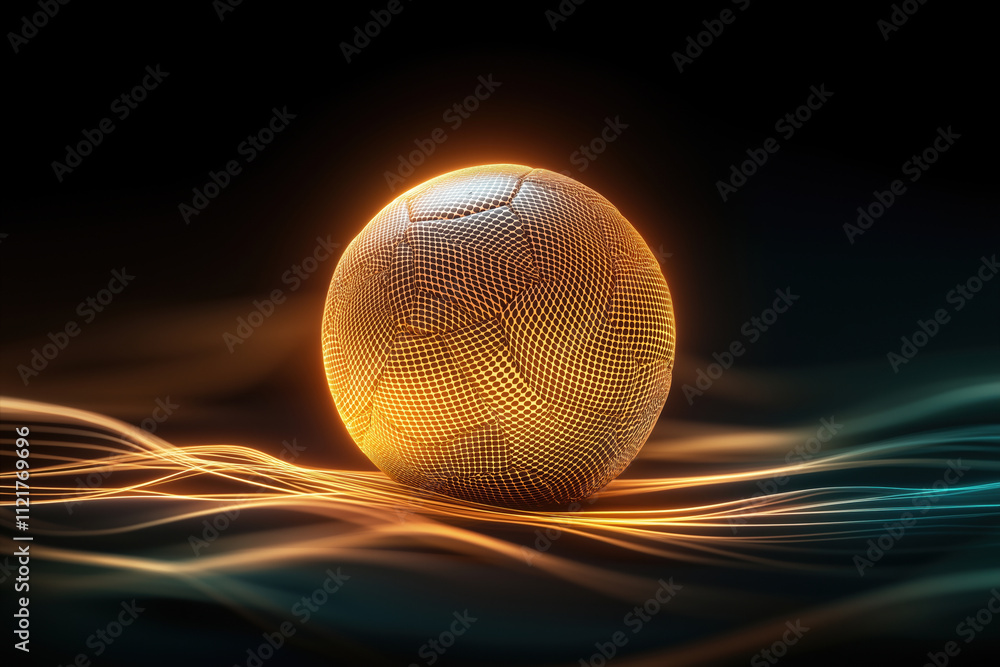 Poster bright soccer ball glows in a dark setting with flowing light patterns