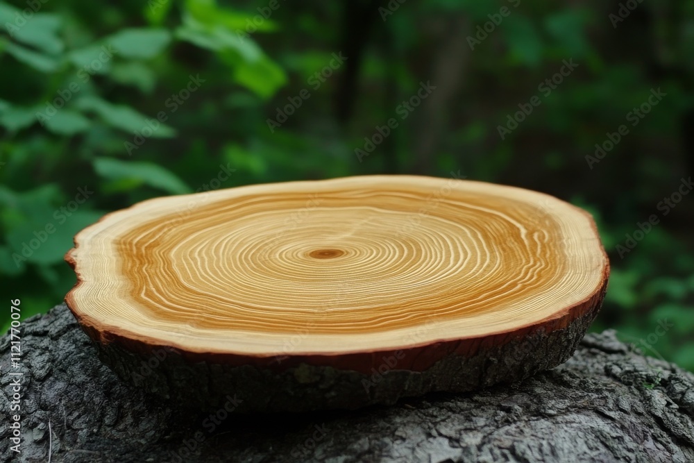 Poster natural circular wooden slice with detailed rings on a tree log surrounded by lush green foliage in 