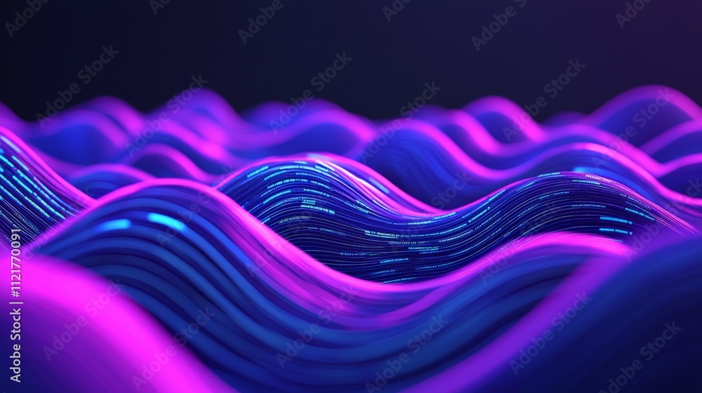 Poster a vibrant, abstract representation of waves in purple and blue, creating a dynamic, fluid visual eff