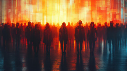 Obraz premium Silhouettes of people against vibrant digital backdrop
