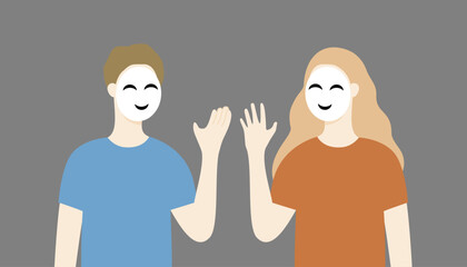 Man and woman wearing smiling face mask. Communication, mental health, relationship, social, emotion concepts. Flat vector people character design isolated illustration.