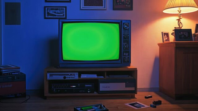 Cozy living room with vintage television set green screen, nostalgic atmosphere. Collection old media scattered on floor. Old retro box tv with mock up, chroma key template. Empty mockup, blank space.