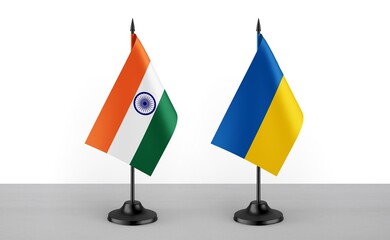 Image of the table flag of India and Ukraine countries. White background. Close-up flags. High...