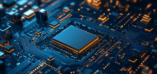A close-up view of a circuit board with a central processing unit and glowing circuitry.