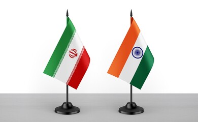 Image of the table flag of Iran and India countries. White background. Close-up flags. High...