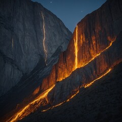 A celestial mountain with glowing veins of gold running through its cliffs