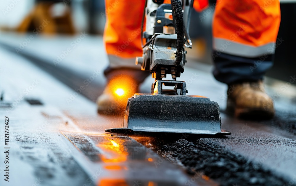 Poster a worker using a tool to apply asphalt on a road surface, showcasing a construction site with a focu