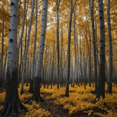 Fototapeta premium .A surreal forest where the trees have golden leaves and silver trunks.