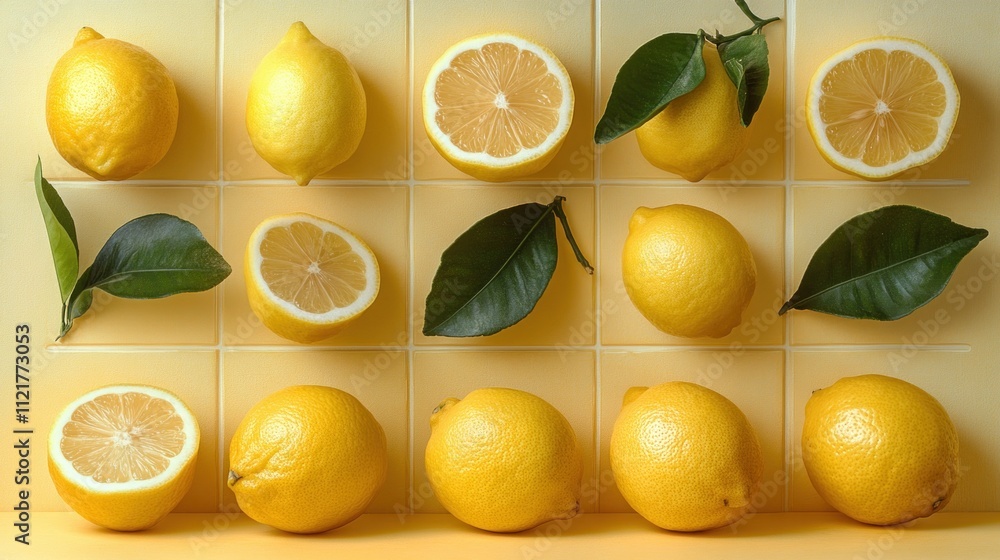 Poster flatlay of whole and halved lemons with leaves arranged on yellow tiled background.