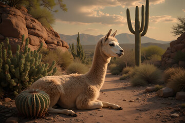 Vintage aesthetic of a llama resting near cacti in a rustic desert scene, nostalgic and peaceful atmosphere with soft golden hour light