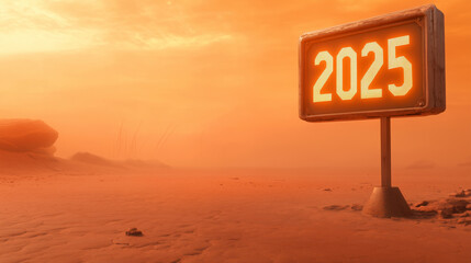 Futuristic 2025 landscape on a digital sign in a Martian sunset environment