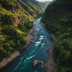 A wild river cutting through a steep gorge lined with lush vegetation.