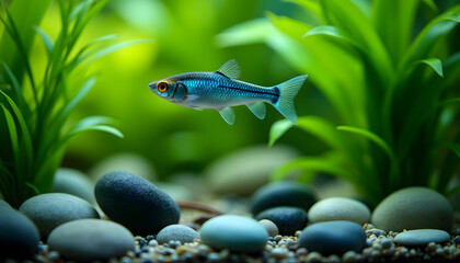 Neon tetra swimming gracefully in a freshwater tank, peaceful and vibrant scene with aquatic plants and soft natural light